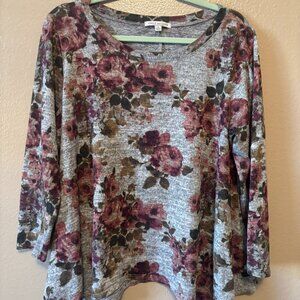 Beautiful Pink Mauve Floral Heather Gray top - 3/4 sleeves - Green Envelope - 1X